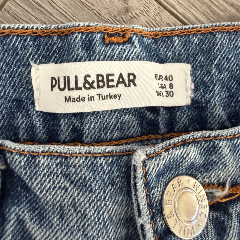 Pull & Bear Distressed Straight Leg Jeans Size 8 Raw Hem Blue Denim Women - Picture 3 of 6